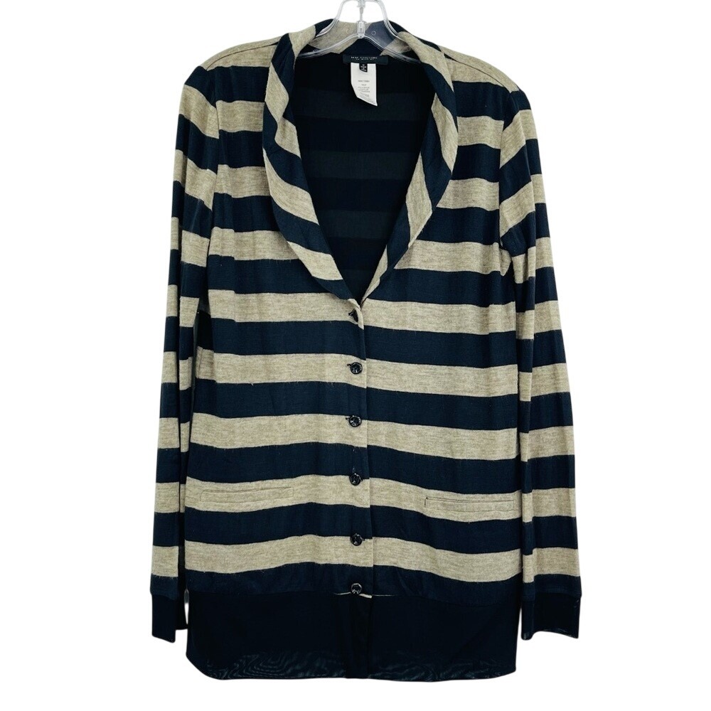MM Couture Cardigan Womens Medium Black Tan Striped Mesh Hem Shawl Collar Button